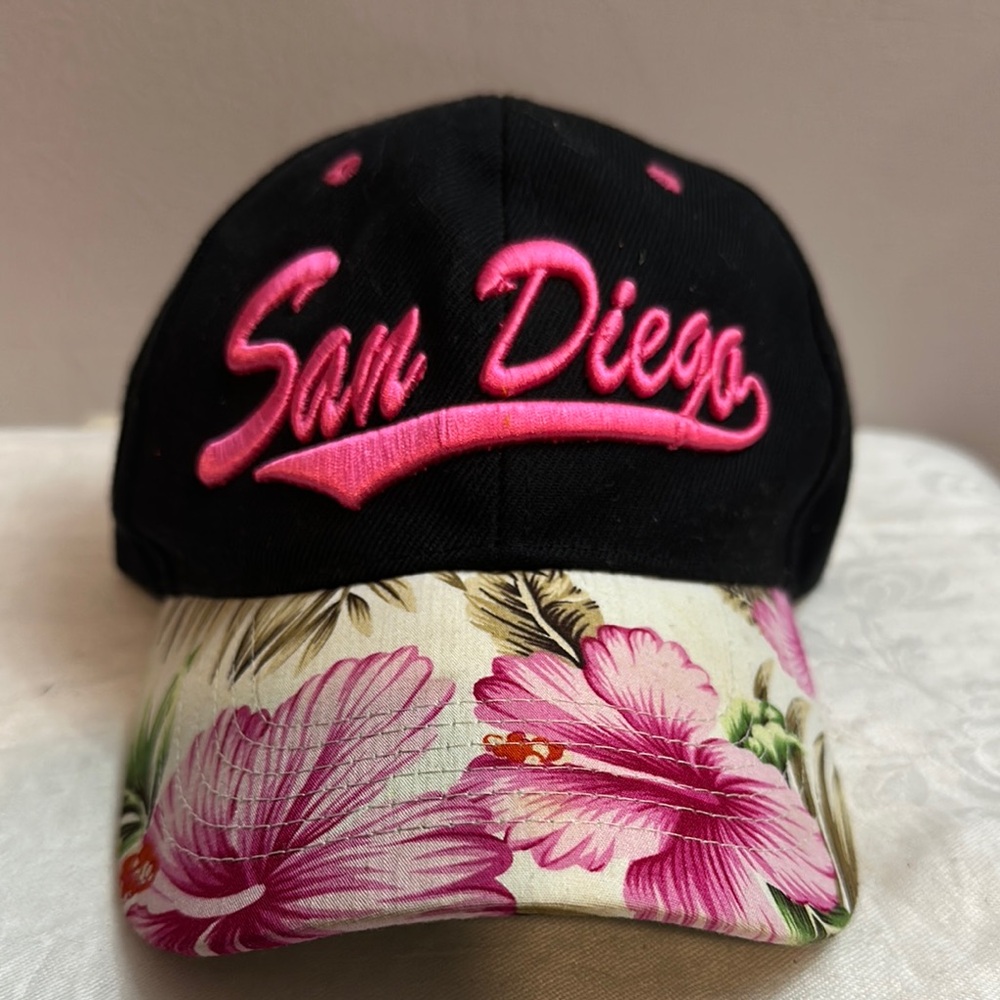 San Diego Hibiscus Flowers Black and Pink San Diego Cap with Floral Brim